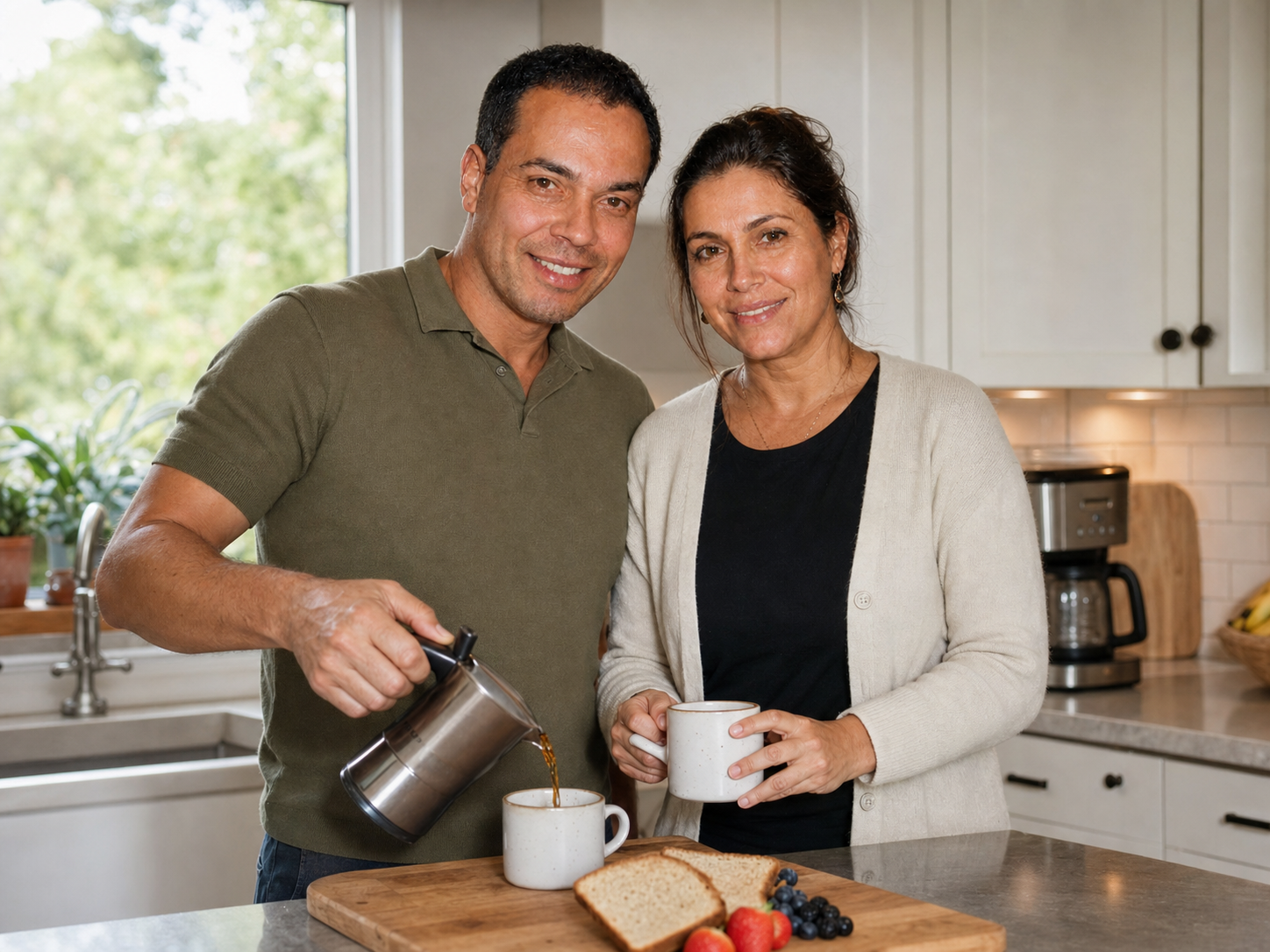 Giovanni e la sua compagna preparano il caffè insieme a casa